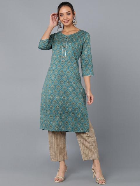 

Pikasha Women Teal Panelled Kurti with Trousers