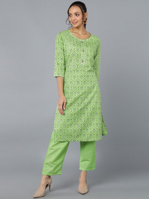 

Pikasha Women Green Floral Printed Kurti with Trousers