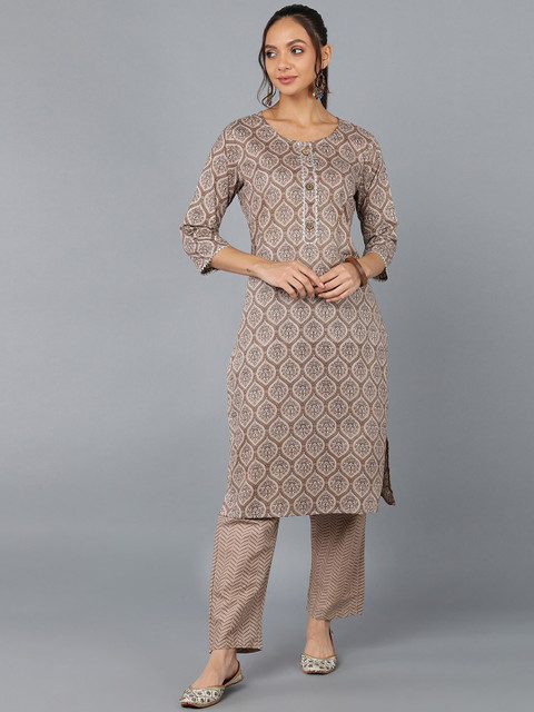 

Pikasha Women Tan Ethnic Motifs Printed Kurta with Trousers