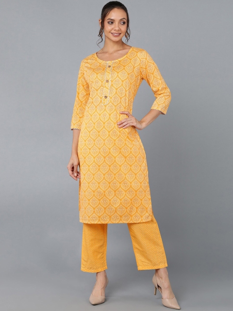 

Pikasha Women Yellow Printed Kurta with Trousers