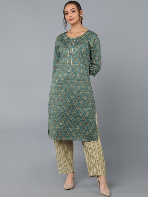 

Pikasha Women Green Ethnic Motifs Printed Kurti with Trousers