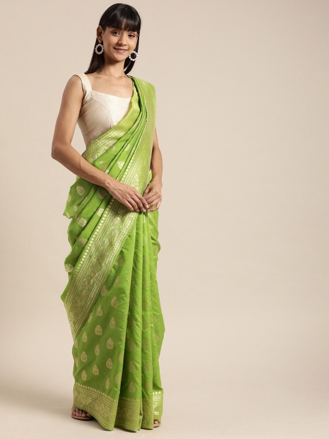 

Mitera Green & Gold-Toned Woven Design Zari Banarasi Saree