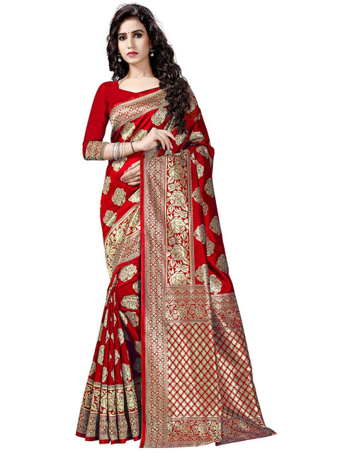 

Mitera Women Red & Gold Cotton Silk Block Print Banarasi Sarees