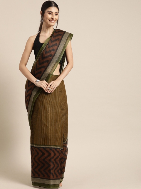 

Mitera Women Mustard & Brown Striped Saree With Blouse Piece