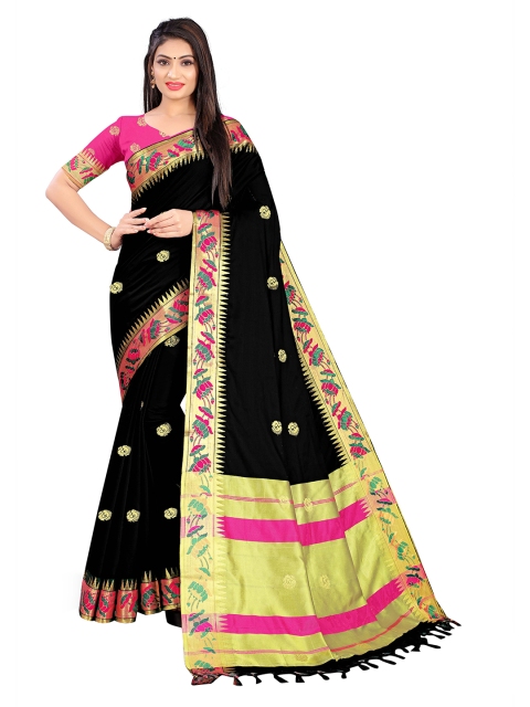 

Mitera Black & Gold-Toned Woven Design Zari Block Print Saree