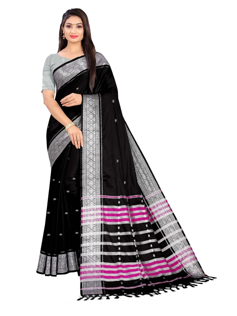 

Mitera Black & Silver-Toned Zari Soft Silk Block Print Saree