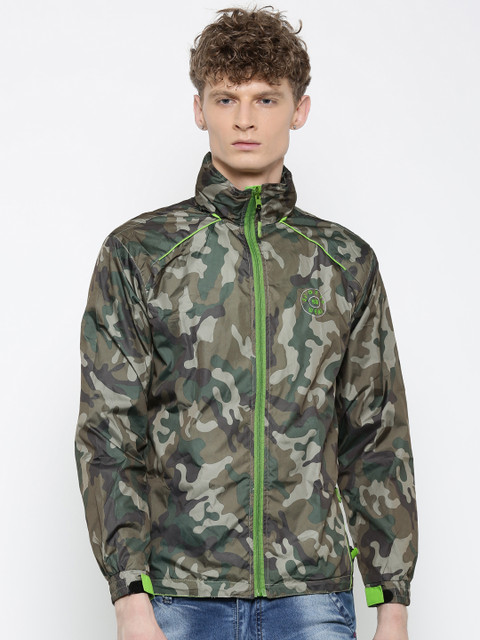 

Sports52 wear Men Olive Green Printed Comfort Fit Hooded Rain Jacket