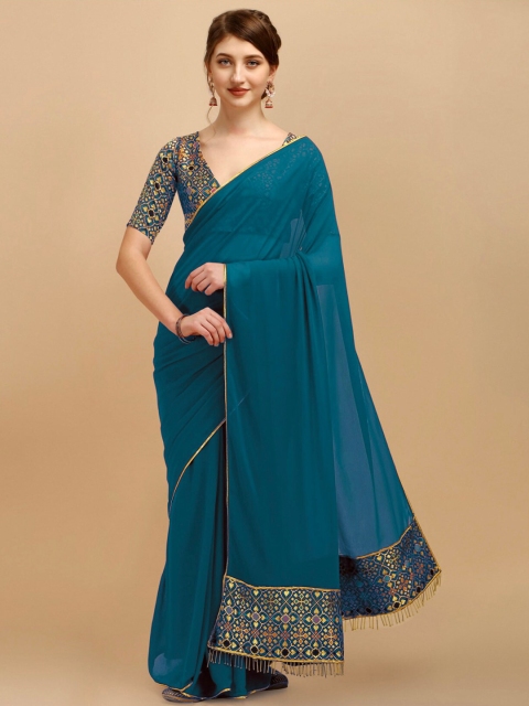 

WEAVETECH IMPEX Women Blue & Gold-Toned Solid Georgette Saree