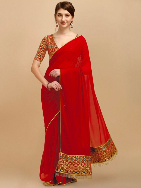 

WEAVETECH IMPEX Red & Gold-Toned Georgette saree With Brocade Blouse