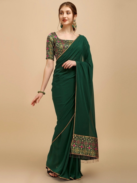 

WEAVETECH IMPEX Green & Red Georgette saree With Brocade Blouse