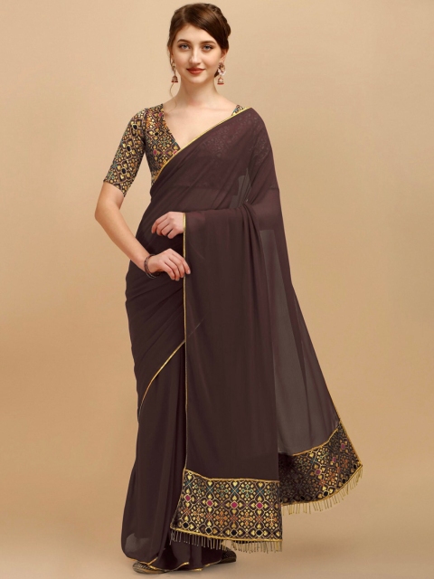 

WEAVETECH IMPEX Women Brown & Gold-Toned Georgette Saree With Brocade Blouse