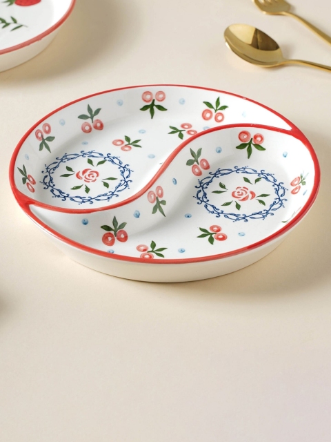 

Nestasia Unisex White And Red Cherry Glossy Sectioned Momos Serving Ceramic Plate