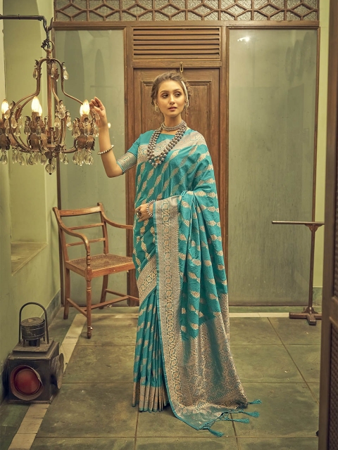 

elora Turquoise Blue & Gold-Toned Woven Design Zari Silk Blend Banarasi Saree