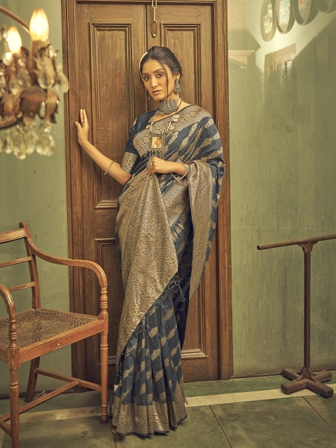 

elora Grey & Gold-Toned Ethnic Motifs Zari Silk Blend Banarasi Saree