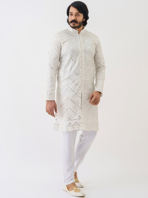 

amzira Men White Embroidered Angrakha Kurta with Trousers