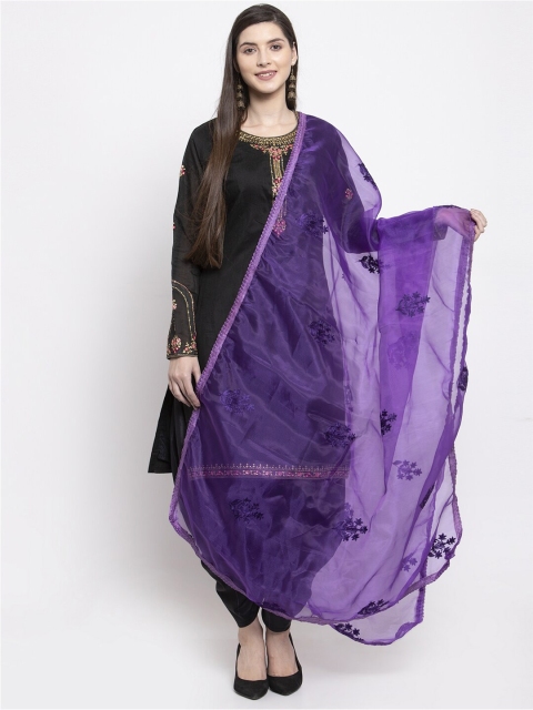 

mf Purple Embroidered Organza Dupatta with Thread Work