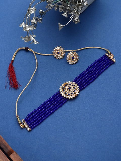 

CARDINAL Gold-Toned Blue Kundan-Studded & Beaded Choker Jewellery Set