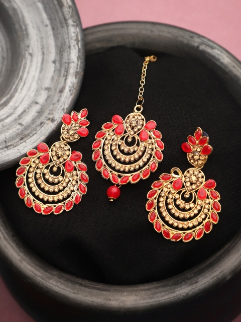 

CARDINAL Gold-Coloured & Red Kundan Studded Beaded Jewellery Set