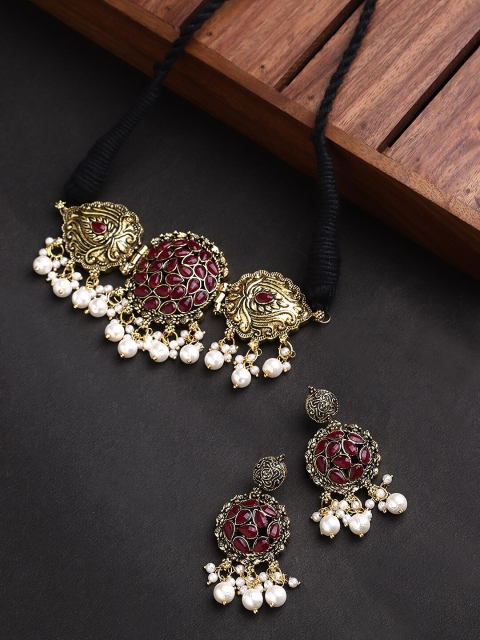 

CARDINAL Women Oxidised Gold-Toned & Red Stone Studded & Beaded Jewellery Set, Maroon