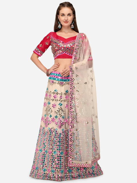 

Mameraa Pink & Blue Semi-Stitched Lehenga & Unstitched Blouse With Dupatta