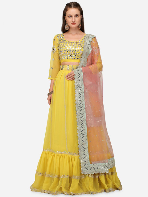 

Mameraa Yellow & Silver-Toned Semi-Stitched Lehenga & Unstitched Blouse With Dupatta