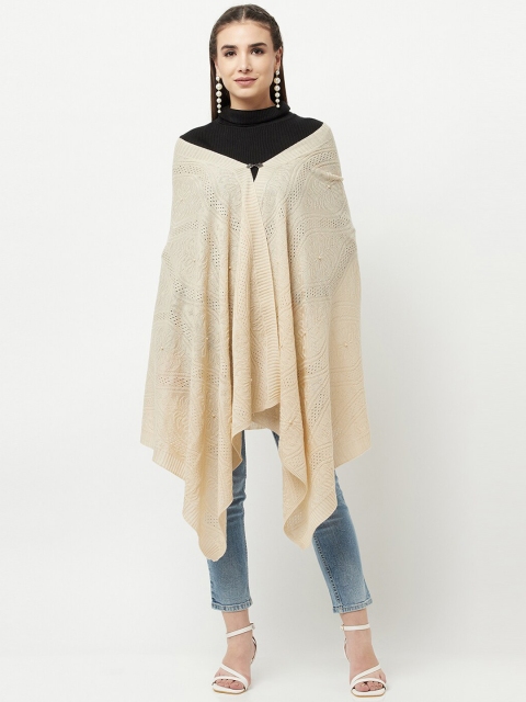 

Knitstudio Women Cream Solid Knitted Woven-Design Shawl