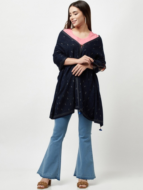 

Knitstudio Women Navy-Blue Solid Knitted Woven-Design Shawl