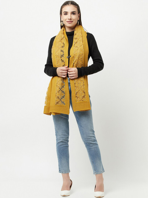 

Knitstudio Women Mustard Yellow Embroidered Knitted Shawl