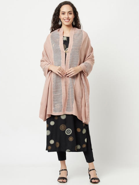 

Knitstudio Women Rose Pink Geometric Knitted Printed Woolen Shawl