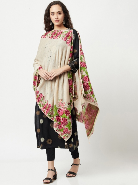 

Knitstudio Women Cream-Colored & Pink Woven Design Botanical Knitted Shawl