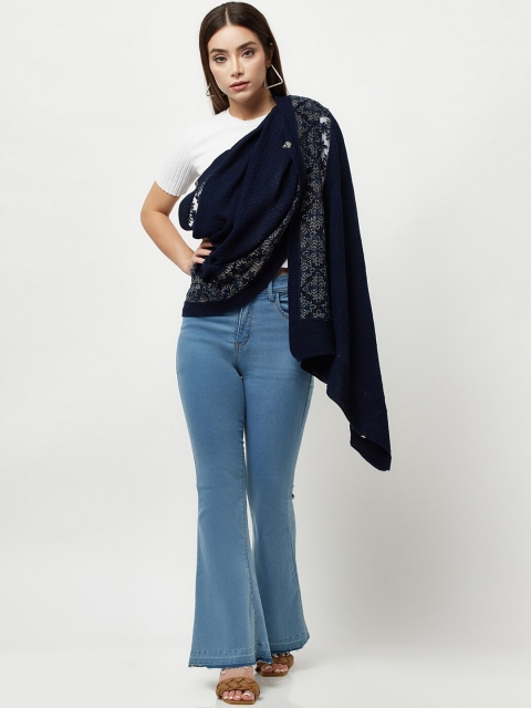 

Knitstudio Women Navy Blue Embroidered Knitted Shawl