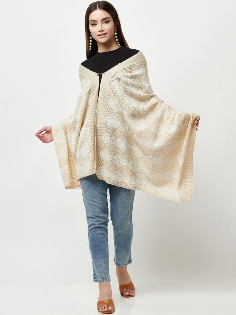 

Knitstudio Women Cream-Coloured Chevron Knitted Woven-Design Shawl