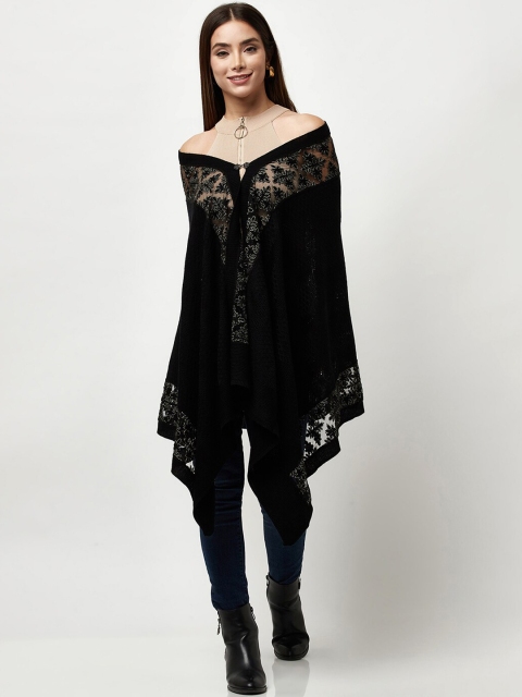 

Knitstudio Women Black Embroidered Floral Knitted Shawl