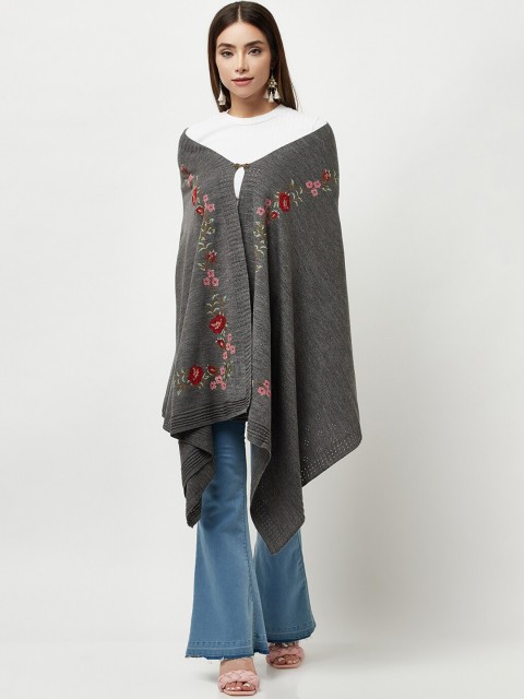 

Knitstudio Women Grey-Colored Floral Embroidered Knitted Shawl