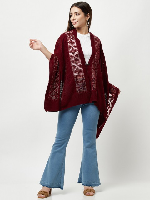 

Knitstudio Women Maroon Red Floral Embroidered Knitted Shawl