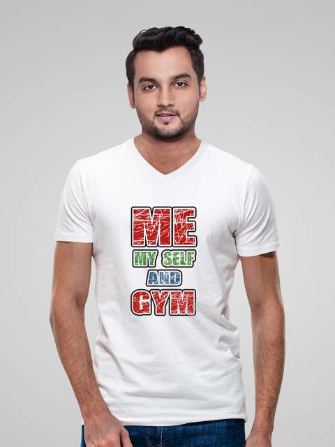 

Pootlu Men White Typography Printed V-Neck T-shirt