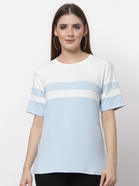 

ASEELO Women Blue & White Colourblocked Round Neck T-shirt