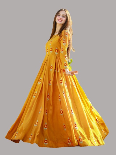 

YOYO Fashion Yellow Embroidered Pure Silk Semi-Stitched Dress Material