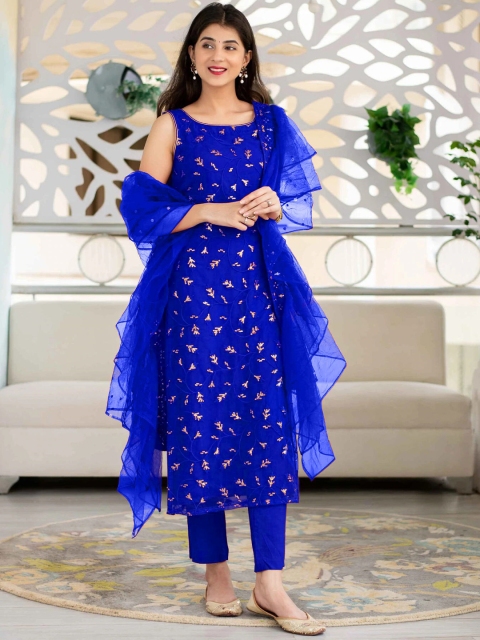

YOYO Fashion Blue & Gold-Toned Embroidered Semi-Stitched Dress Material
