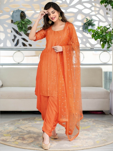 

YOYO Fashion Orange & Gold-Toned Embroidered Semi-Stitched Dress Material
