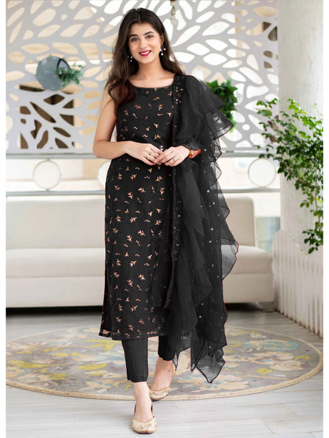 

YOYO Fashion Black Embroidered Semi-Stitched Dress Material