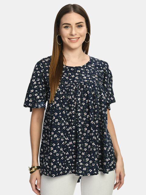 

Akshatani Blue & White Floral Print Crepe Top