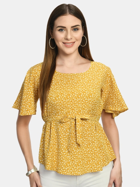 

Akshatani Yellow Floral Print Crepe Cinched Waist Top