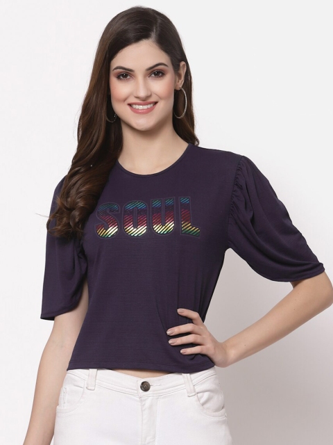 

ASEELO Women Navy Blue Print Puff Sleeve Top