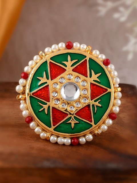 

DASTOOR Gold-Plated Green & White Kundan Studded Meenakari Adjustable Finger Ring