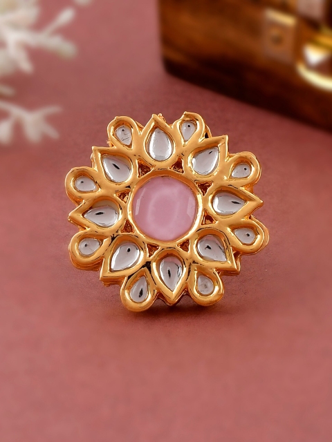 

DASTOOR Gold-Plated White & pink Kundan Studded Meenakari Adjustable Finger Ring