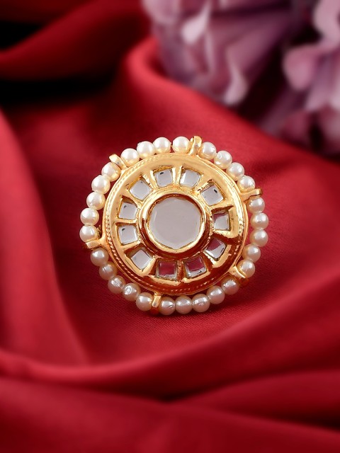 

DASTOOR Gold-Plated White Kundan-Studded & Beaded Adjustable Finger Ring