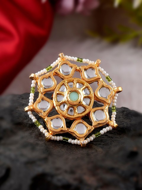 

DASTOOR Gold-Plated White & Green Kundan-Studded & Beaded Adjustable Finger Ring