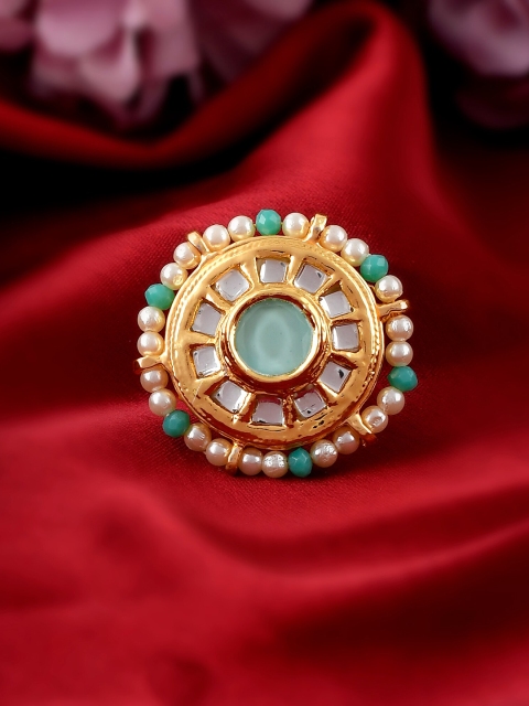 

DASTOOR Gold-Plated White & Green Kundan-Studded & Beaded Adjustable Finger Ring