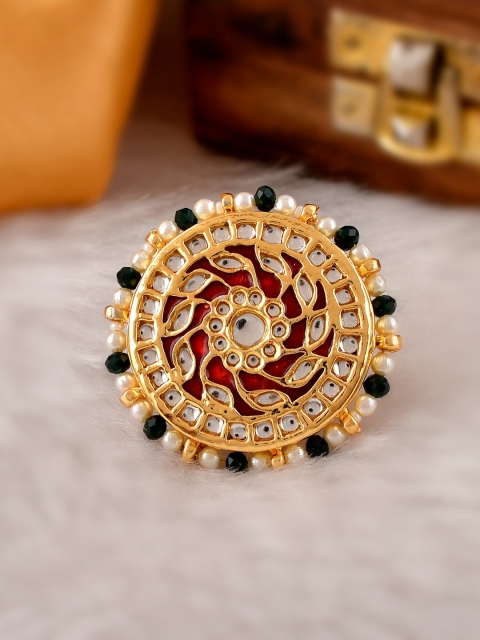 

DASTOOR Women Gold-Plated Red Kundan Studded Meenakari Adjustable Finger Ring